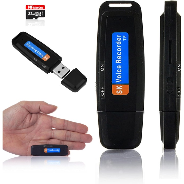 Reportofon portabil mini 32GB, inregistrare HD, microfon cu anulare zgomot, negru, compact