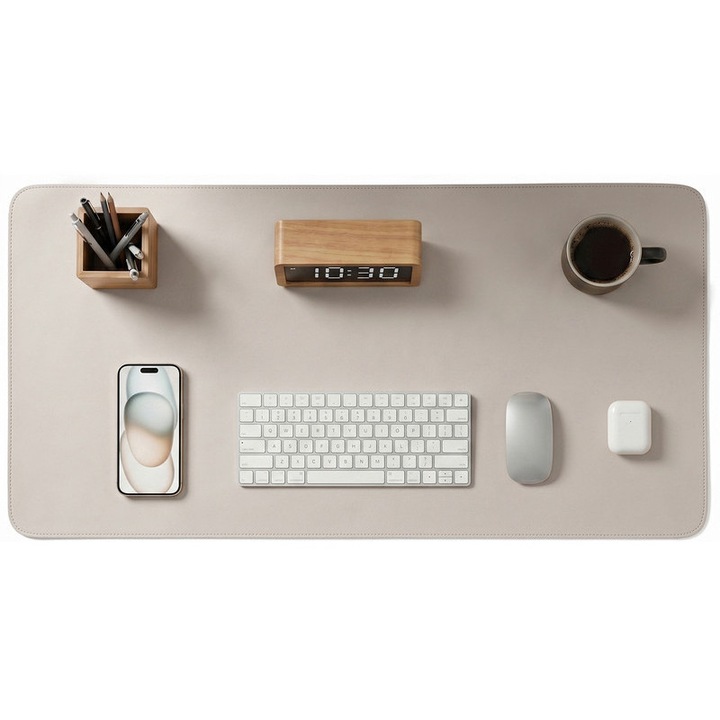 Covoras de birou 80 × 40 cm, mouse pad XXL din piele ecologica PU, antiderapant, rezistent la apa, pentru tastatura si mouse, gri piatra, PROMATTOO