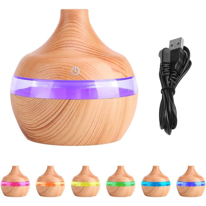 USB párásító, aromaterápia, LED fény, fa mintázat