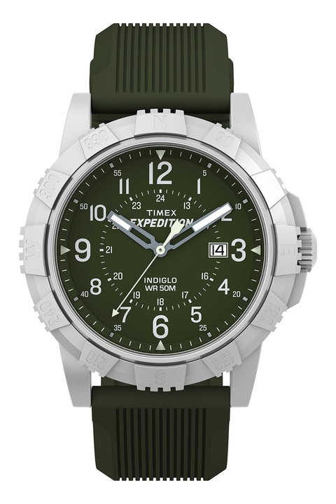 Timex, Ceas quartz cu curea din silicon, Verde maslina, Argintiu deschis