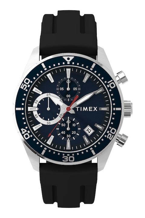 Timex, Ceas cronograf cu curea din silicon, Negru stins, Argintiu deschis