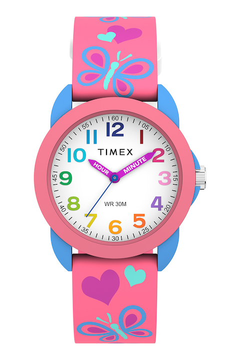 Timex, Kvarc karóra pillangós és szevecskés mintával, Málnapiros, fehér