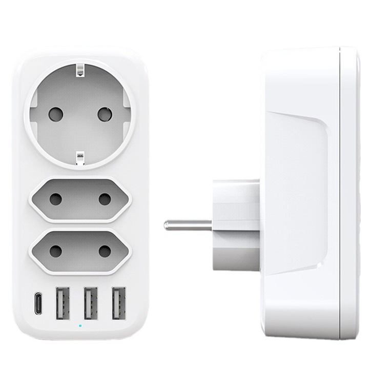 Adaptor priza 7 in 1, 1 Schuko, 2 Euro, 1 Type-C, 3 USB, alb, 11.2x6x4cm