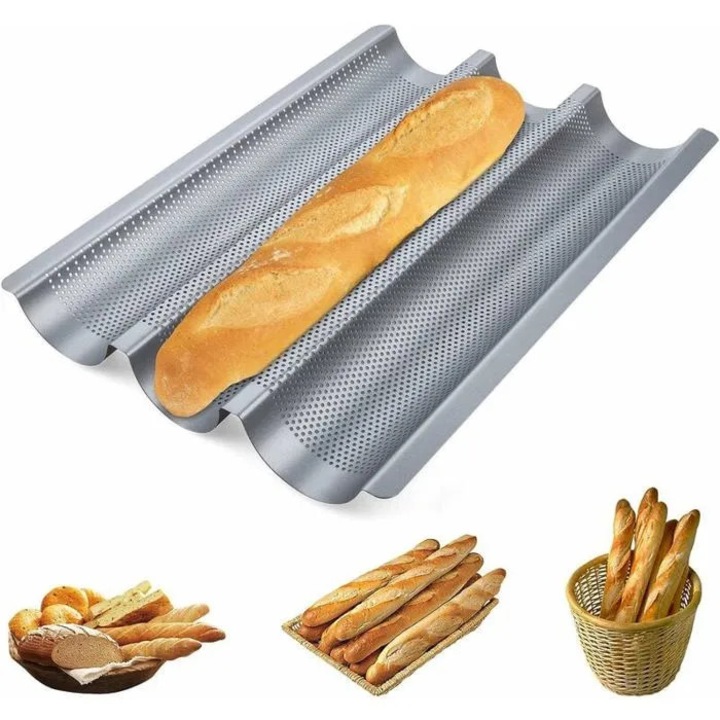 Mini bagett sütőforma, tapadásmentes, perforált, ezüst, 3x francia kenyér