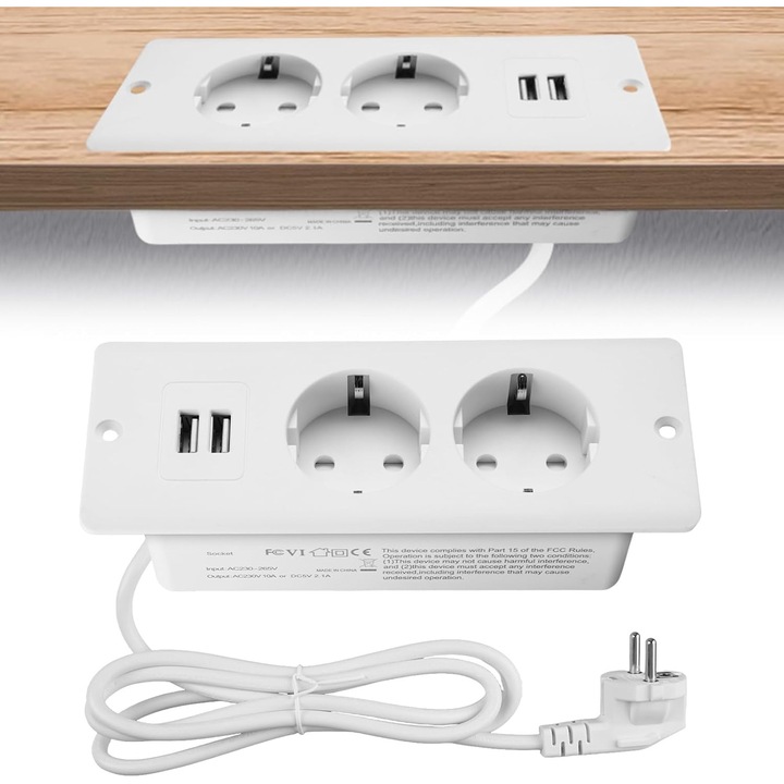 Priza incastrabila pentru masa, 2 prize, 2 USB, alb, 16x6x4.5cm