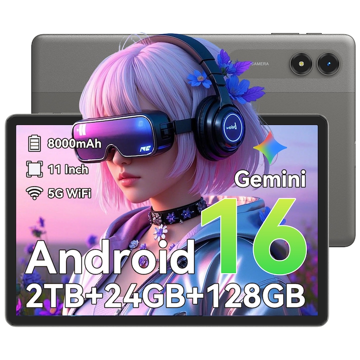 Tableta T50 Android 16 2026 Gaming, 90Hz, 11 Inch Tableta, 24GB RAM, 128GB ROM / 2TB, Rezolutia din 1280, Unisoc T7250 Procesor octa-core, 8000mAh, 2K IPS, Table Wi-Fi potrivita pentru streaming, invatare si jocuri in timpul calatoriilor, Gris