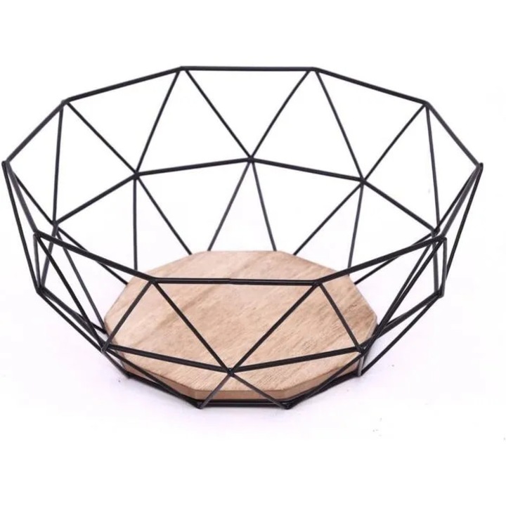 Cos decorativ, design geometric, negru, baza lemn, 25x26x13.5 cm