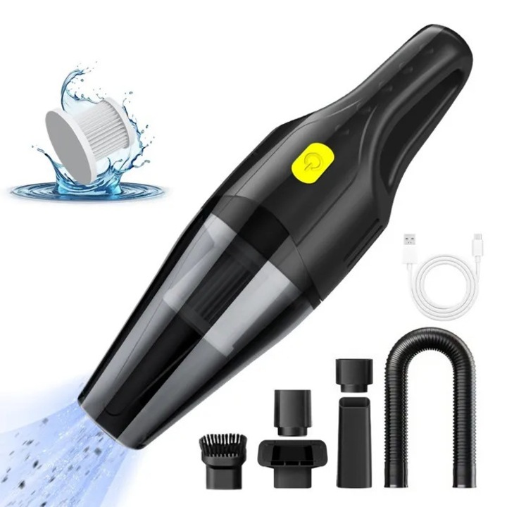 Hordozható vezeték nélküli autós porszívó, 2000mAh, LED, kompakt, könnyű, 6kPa, 3 óra töltési idő