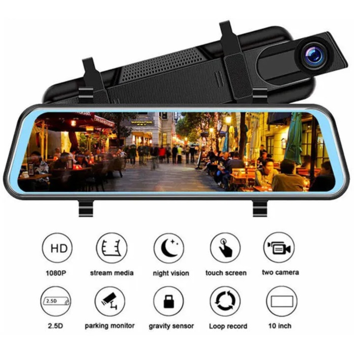 Camera auto DVR cu oglinda, camera fata 1296p si spate 720p, ecran tactil antireflex 10"