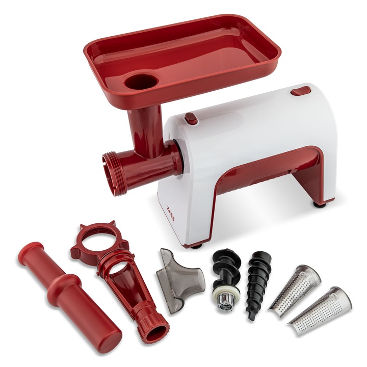Storcator de rosii si fructe moi ZASS ZTJ 02, putere 1000 W, angrenaje partial metalice, 2 site (diametru 1, 5 mm si 2, 0 mm), functie Reverse, culoare Alb/Rosu