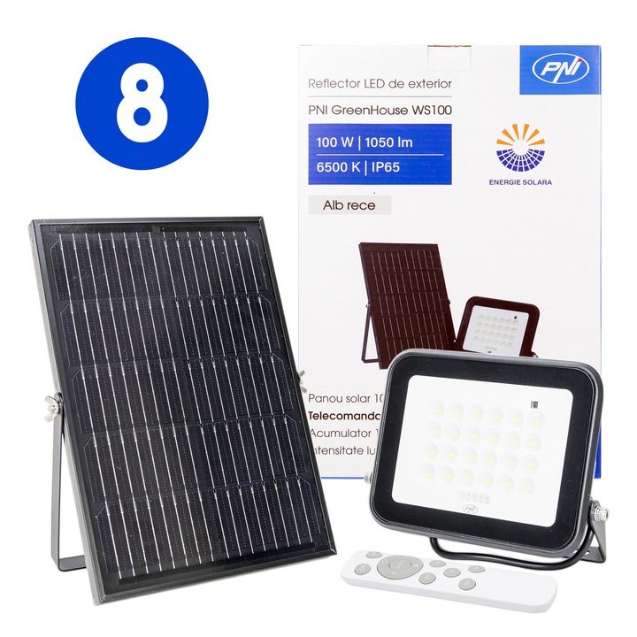8 db-os Bax PNI GreenHouse WS100 100W LED reflektor napelemes panellel, 10000mAh akkumulátorral, távirányítóval, időzítéssel és állítható fényerővel, 6500 K, IP65