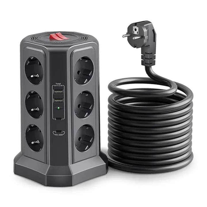 Hosszabbító 12 aljzattal, 4 USB, fekete, 1.5m