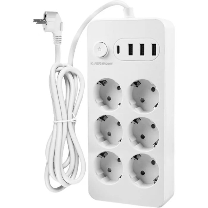 Hosszabbító 6 aljzat 3 USB USB-C 2500W 10A 2m kábel