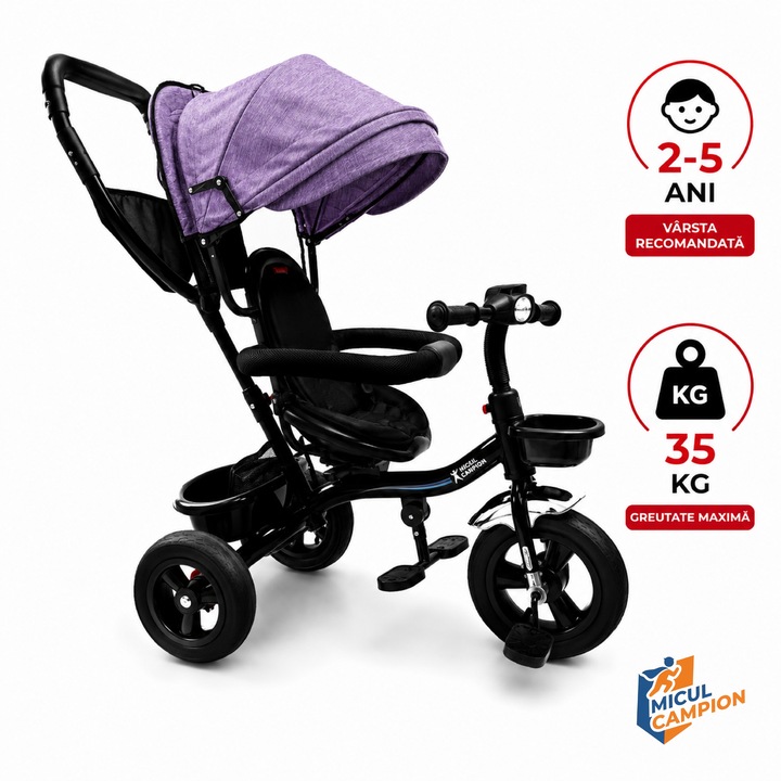 Tricicleta Copii Invincio Micul Campion Explorer, Scaun Reversibil 360°, Lumini si Muzica, Copertina anti ploaie si soare UV Extensibila si detasabila, Maner Parental, Roti EVA confort silentioase, Cos Depozitare, Bara Protectie, 2-5 Ani, Max. 35 Kg, Mov
