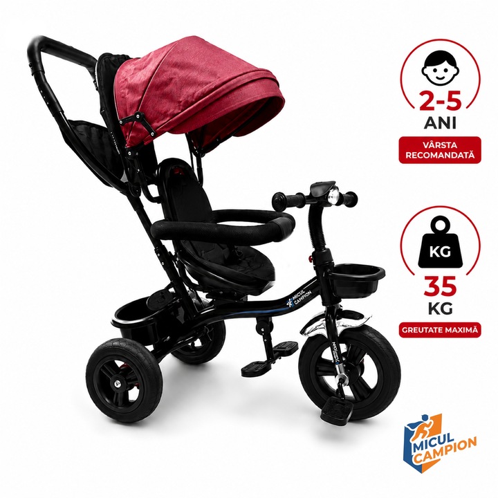 Tricicleta Micul Campion Explorer 360, Scaun Reversibil, Lumini si Muzica, Rosu, 2-5 Ani, Max. 35 Kg