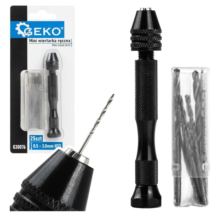 Mini kézi fúró, Geko, hss fúrószár készlettel, 25 db