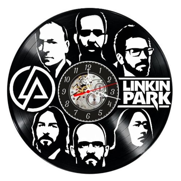 Dekoratív falióra bakelit lemezből, Linkin Park Rock Együttes Modell Tagok Portréival és Hivatalos Logóval, Fekete, 30 cm