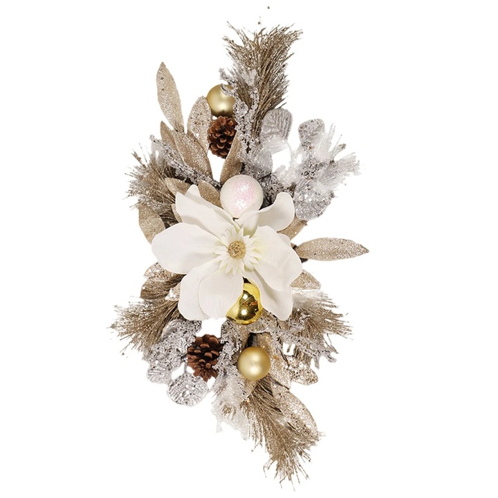 Coronita de Craciun cu lumini, 45x45cm, argintiu si alb, decor floral si conuri