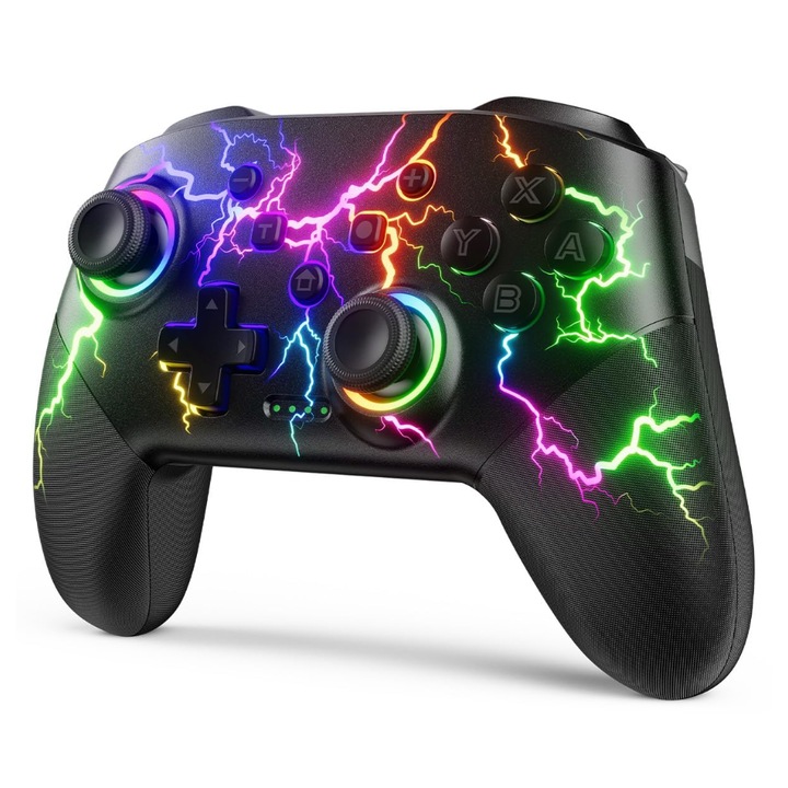 Vezeték nélküli S80 kontroller Nintendo Switch, PC és telefon kompatibilis, Gamepad RGB Lightning Thunderbolt világítással, programozható gombokkal, Turbo funkcióval és rezgéssel, fekete