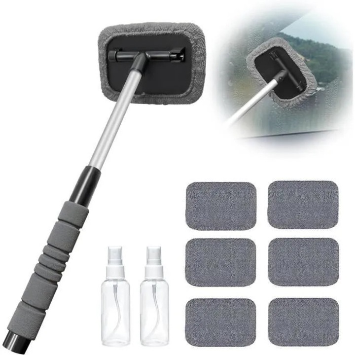 Kit curatare de parbriz auto rotativ la 180°, racleta, 6 lavete microfibra, 2 pulverizatoare
