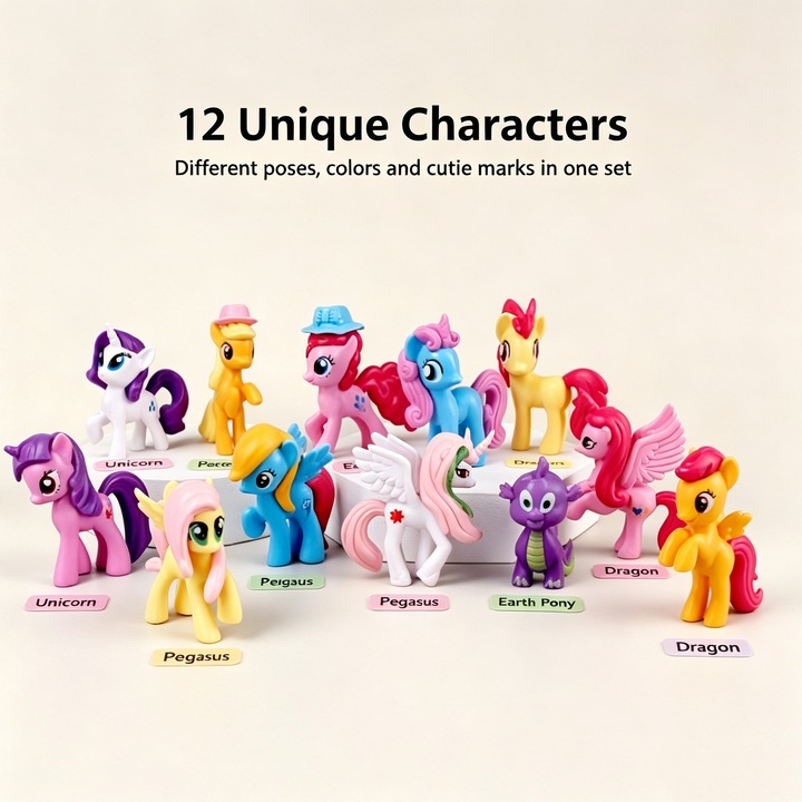 Комплект фигурки, Серия MyLittlePony, Комплект от 12, Голямо разнообразие от стилове, Многоцветни, Декоративни орнаменти, Декорации за партита, Креативен дизайн, Празнични подаръци, Подходящи за деца на възраст над 3 години