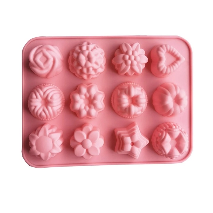 Set forme silicon flori 12 cavitati pentru copt si cuburi de gheata multicolor 21.3x16x3cm