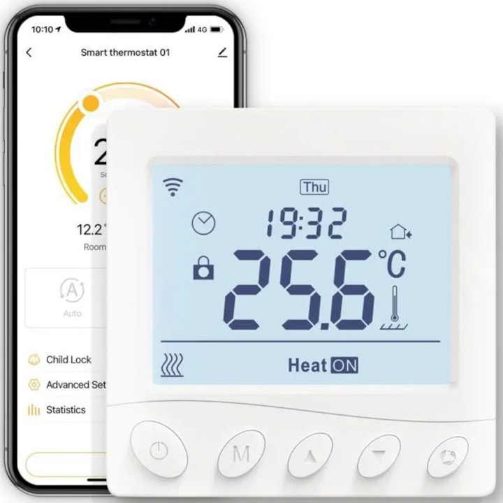 Termostat WiFi, control vocal, alb, 3A, 100-240V