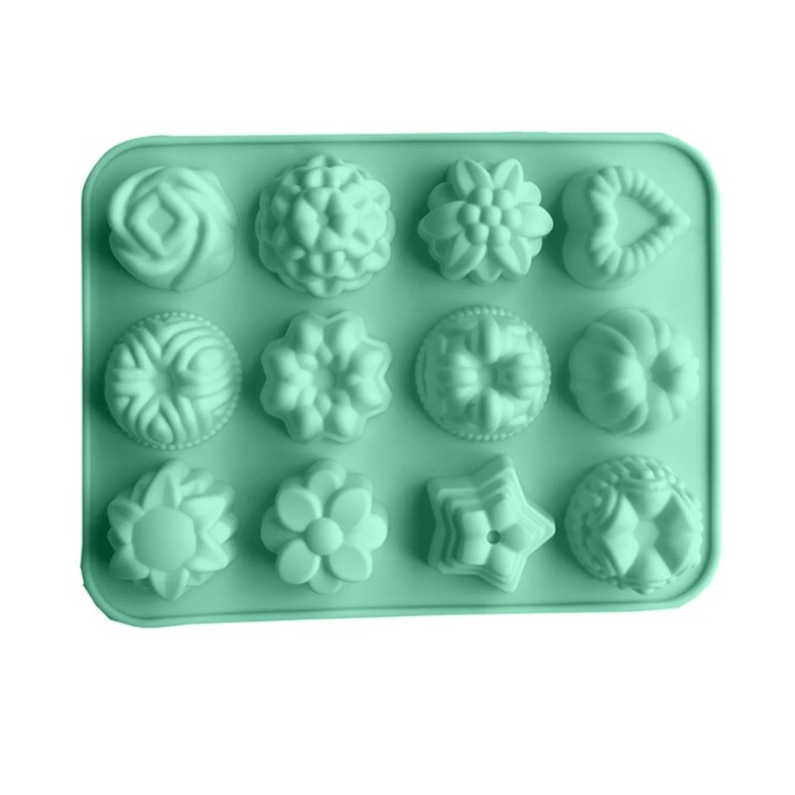 Set forme silicon flori 12 cavitati pentru copt si cuburi gheata multicolor 21.3x16x3cm