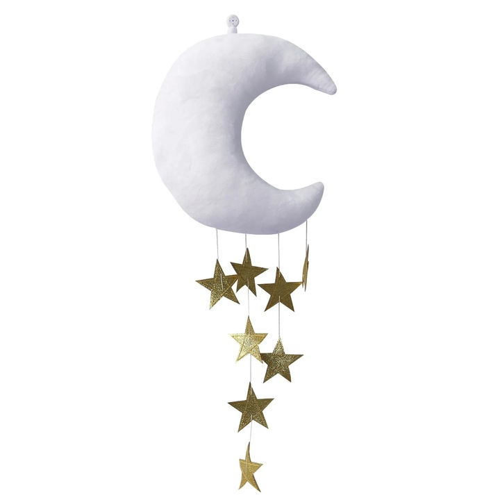 Decoratiune perete camera copii, luna agatata, textil, alb, 25x25x5cm