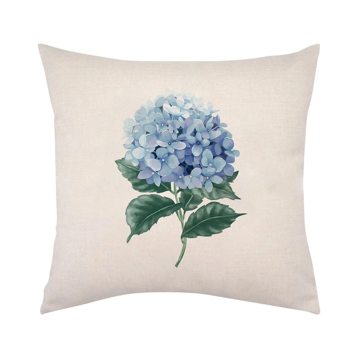 Husa perna decorativa, broderie hortensie albastra, 45x45cm, multicolor