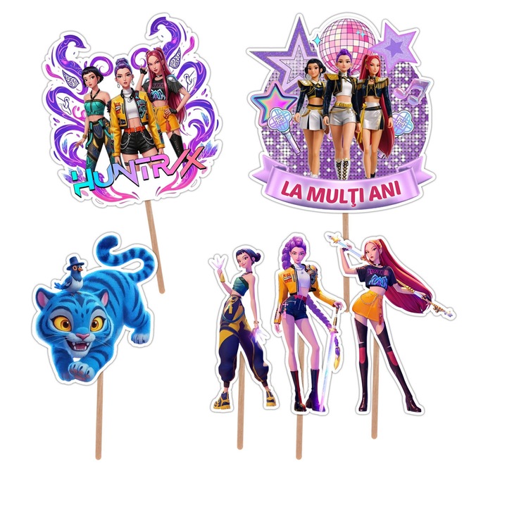 Set 6 figurine pentru tort Huntrix, toppere carton foto lucios 230 gr, cu betisoare incluse, multicolor, 13 cm