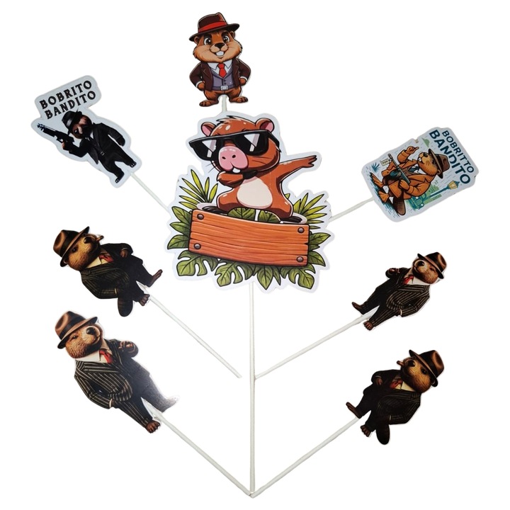 Decoratiune topper tort carton, tematica Bobrito Bandito, Brainroturi, aniversare - 8 piese