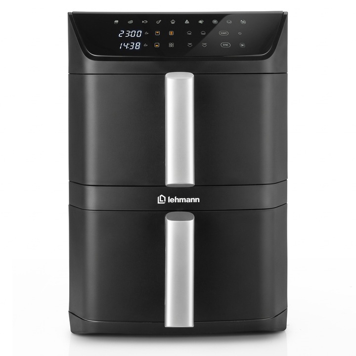 Lehmann Origin dupla forrólevegős fritőz, Air Fryer XXL, 12 L, 2800 W, állítható hőmérséklet 40-230°C, 10 automata program, 2 független főzőzóna, Sync funkció, Shake funkció, Extra Crisp technológia, Fekete