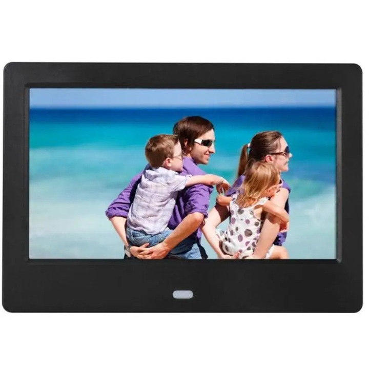 Digitális képkeret, 17,8 cm-es képernyő, 1024x600 HD, Videólejátszás, Külső memória, Hálózati adapter mellékelve, Fekete