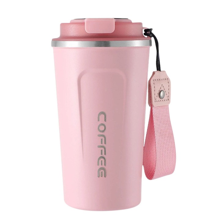 Cana termos calatorie 510ml inox izolatie vid, capac anti-scurgere, roz