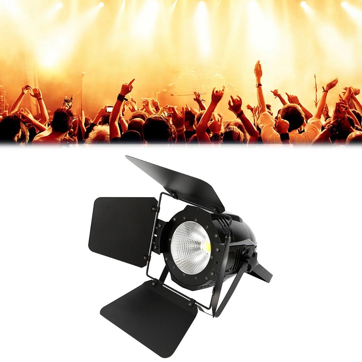 Сценично осветление, LED лампа wash 200 W, COB прожектор, топла/бяла светлина 3200K/6500K, DMX512 и звуков контрол, стробоскоп и автоматичен ефект, черен