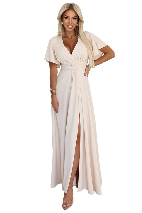 Rochie lunga cu crapatura pe picior, maneci si decolteu - bej Casual M