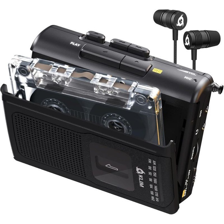 Casetofon Portabil KLIM® K8, Player Casete Audio, Casetofon cu Inregistrare, Radio AM/FM, Reportofon cu Microfon Integrat, Difuzor Incorporat, Iesire Casti 3.5 mm, Casti Incluse, Recorder Casete, Walkman Modern, Alimentare USB si Baterii, Negru