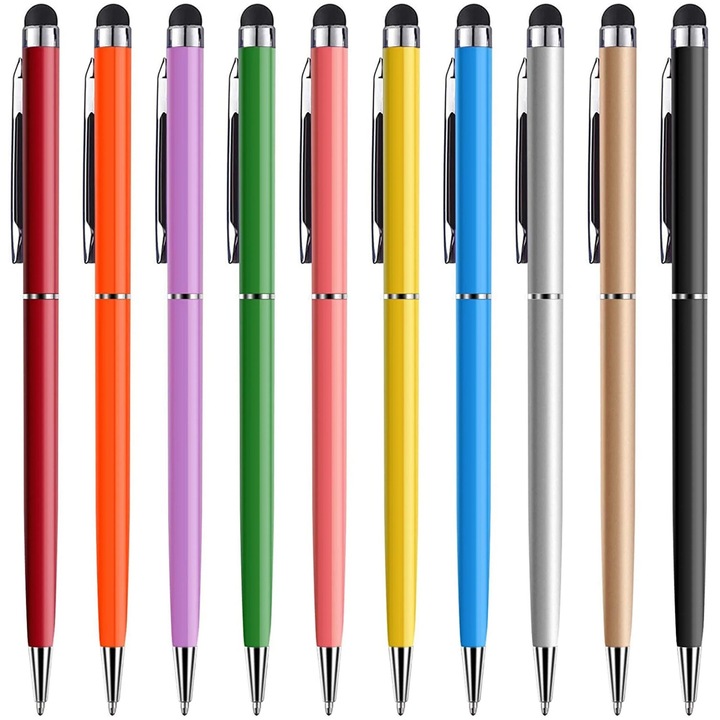 Set 10 pixuri 2in1 stylus si pix, aluminiu, multicolor