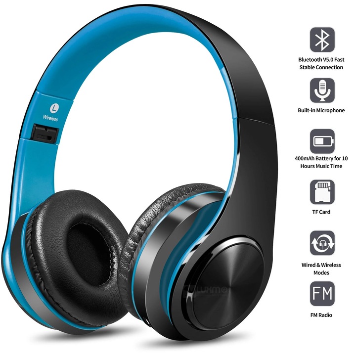 Vezeték nélküli over-ear fejhallgató, 40mm, kék, összecsukható, 10 óra üzemidő, beépített mikrofon
