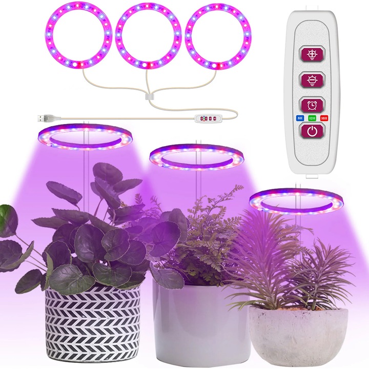 LED lámpa növényekhez, 3 gyűrű, piros-kék, 28.5x26cm, 5W