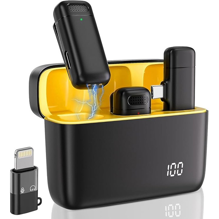 Microfon Lavalier wireless ZYBLSSBB, set 2 bucati, portabil, negru, compact