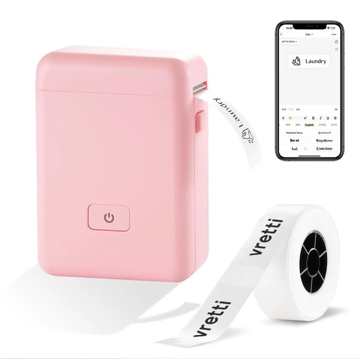 Imprimanta etichete portabila Bluetooth, compacta, roz, 10x6x4cm