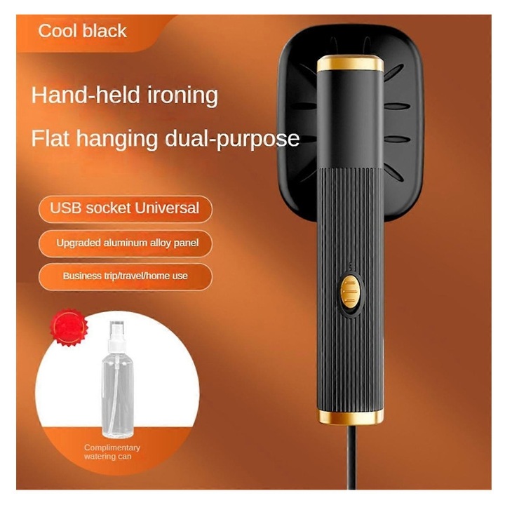 Fier de calcat cu abur portabil emag01-WT15855, maner rabatabil 0-90-180°, talpa titaniu, rezervor 20 ml, alimentare USB, negru