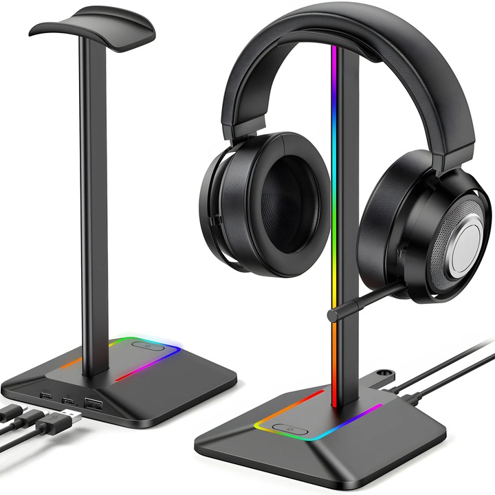 RGB fejhallgató tartó USB hubbal, univerzális, 24.2x11.3x10.8 cm