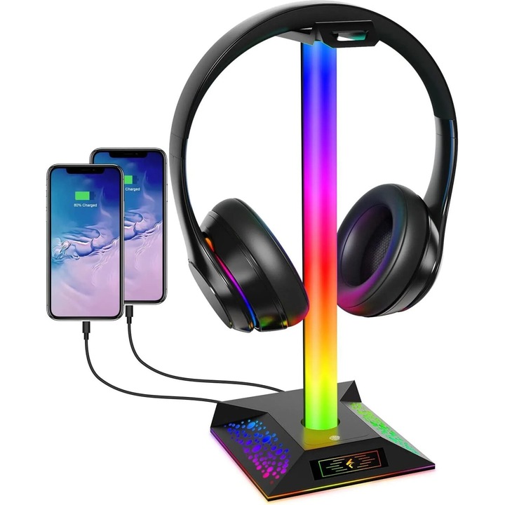Suport casti RGB cu 10 moduri luminoase si 3 porturi USB, negru