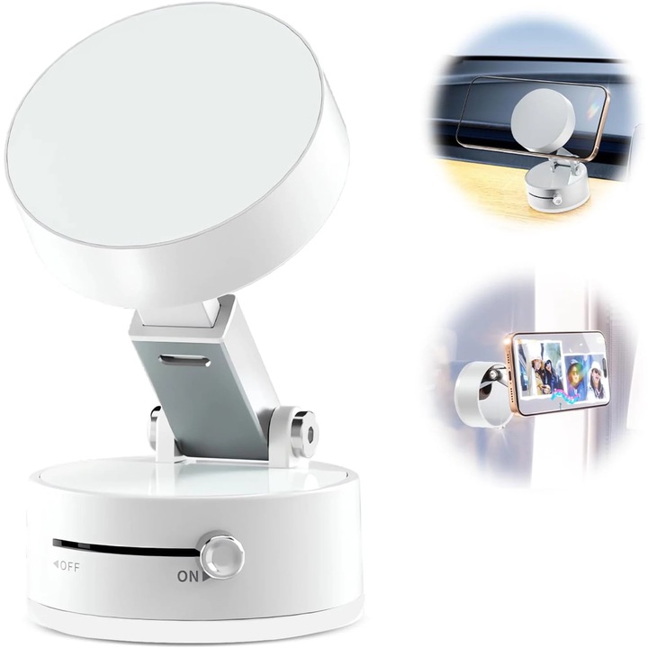 Suport auto cu ventuza magnetica, rotativ 360, pliabil 180, alb