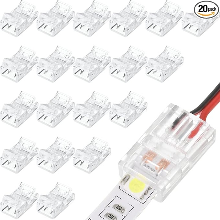 LED csatlakozó 2 tűs 10mm RGB szalagokhoz, 20 db-os készlet, vízálló, 22 AWG vezetékekhez