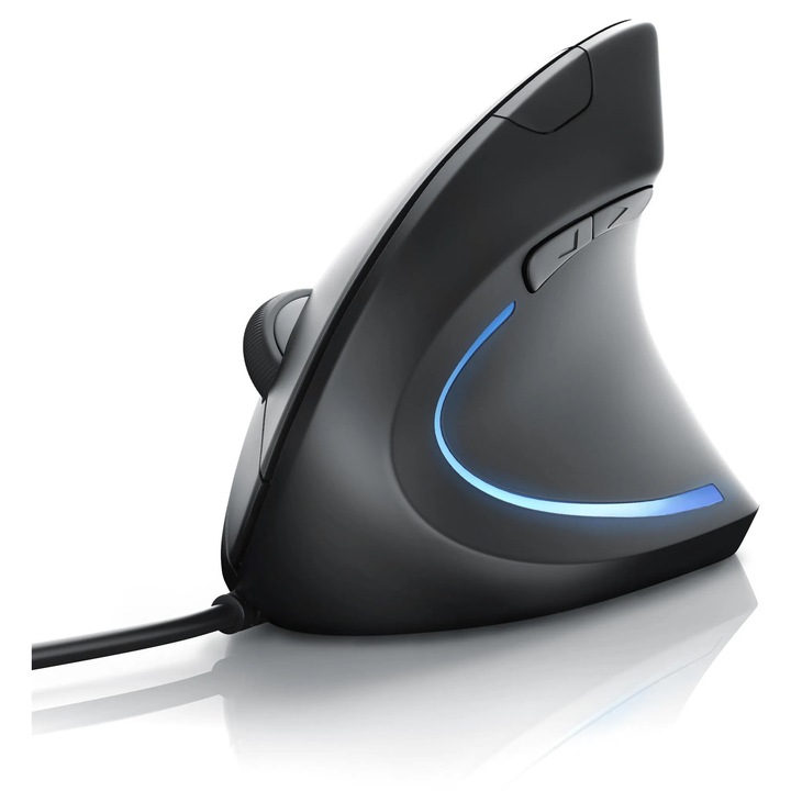 Egér ergonomikus függőleges USB, 5 gomb, fekete, 1.5m kábel
