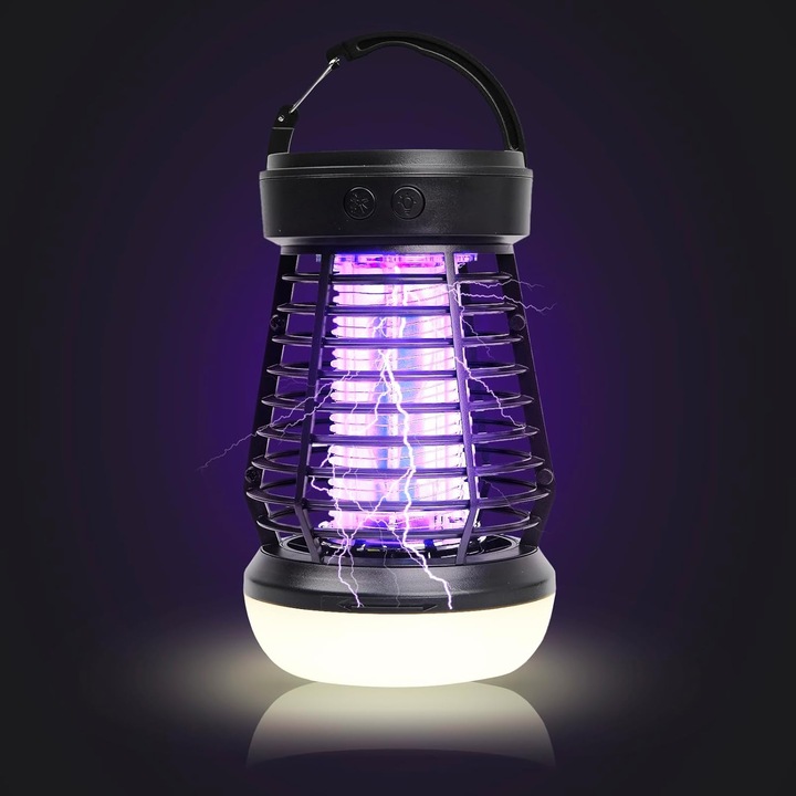 Lampa camping multifunctionala 2-in-1, insecticid electric, alb, 2000mAh, IPX6, 9h, 3 nivele luminozitate, negru